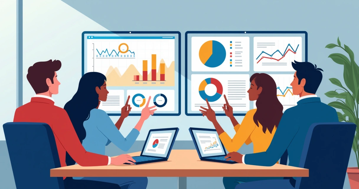 Equipe de vendas reunida analisando dados de vendas em monitores 