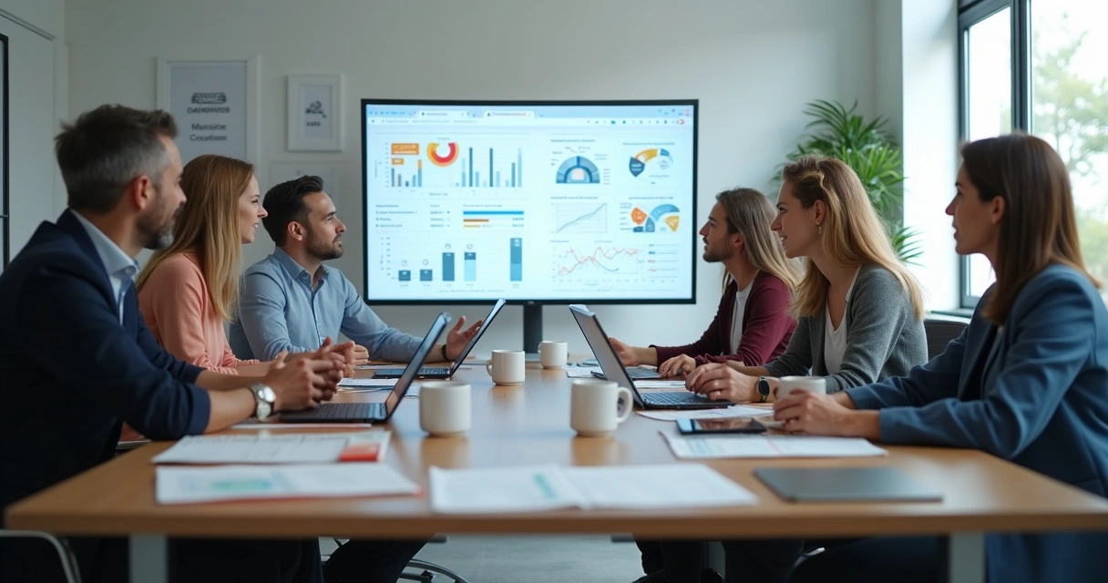 Equipe de vendas analisando dados e gráficos em sala de reunião. 