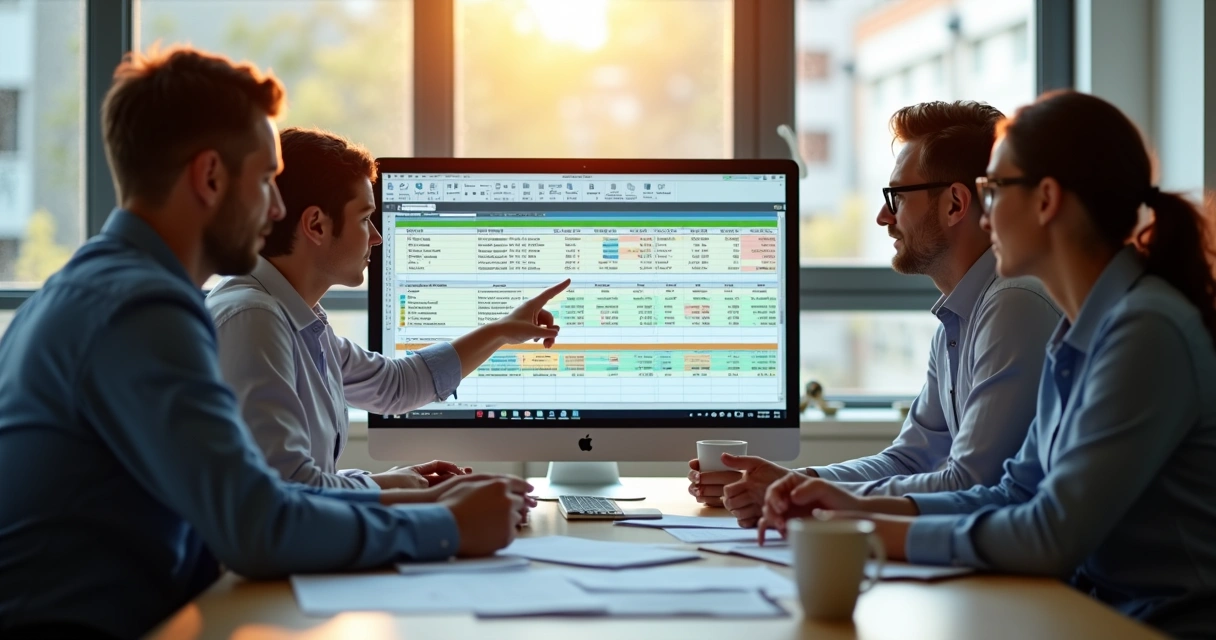 Equipe de vendas reunida em frente a um notebook, analisando planilha de clientes B2B 