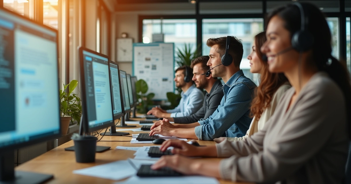 Equipe realizando vendas e atendimento no WhatsApp em um ambiente moderno