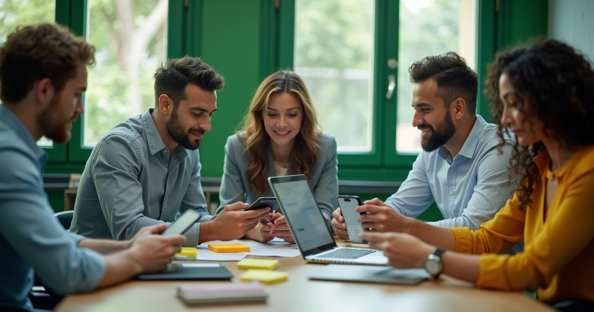 Equipe de vendas olhando conversas e tarefas no celular e notebook 