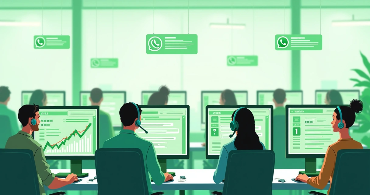 Equipe de vendas monitorando mensagens do WhatsApp em computadores 