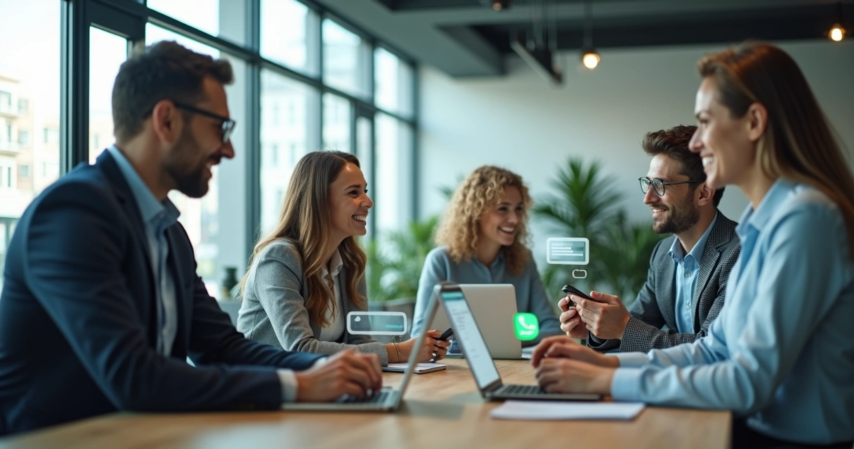 Equipe de vendas usando WhatsApp em ambiente corporativo 