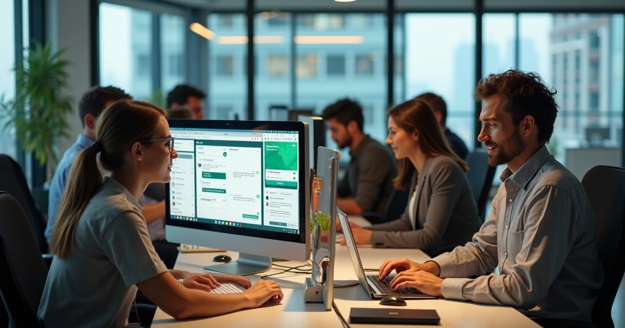 Equipe de vendas focada em computadores usando WhatsApp em ambiente moderno