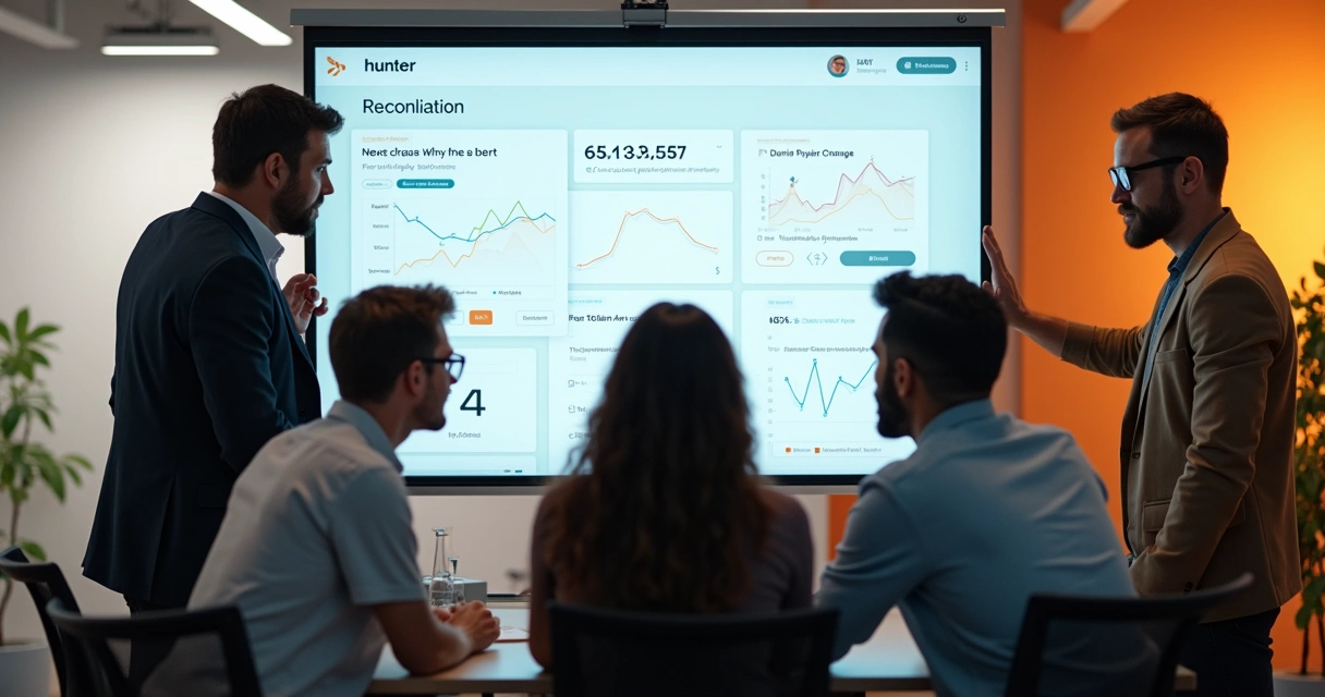 Equipe financeira analisando painel de conciliação de taxas do Hunter para vendedores Mercado Livre 