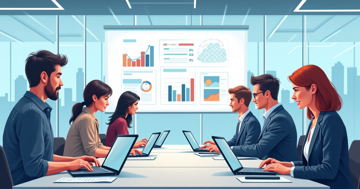 Time de vendas em reunião analisando catálogos digitais