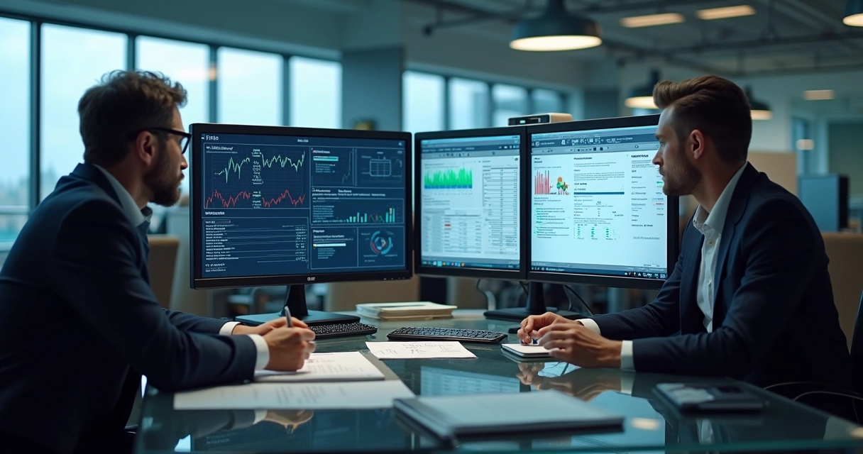 Equipe analisando dados contábeis em um escritório moderno 