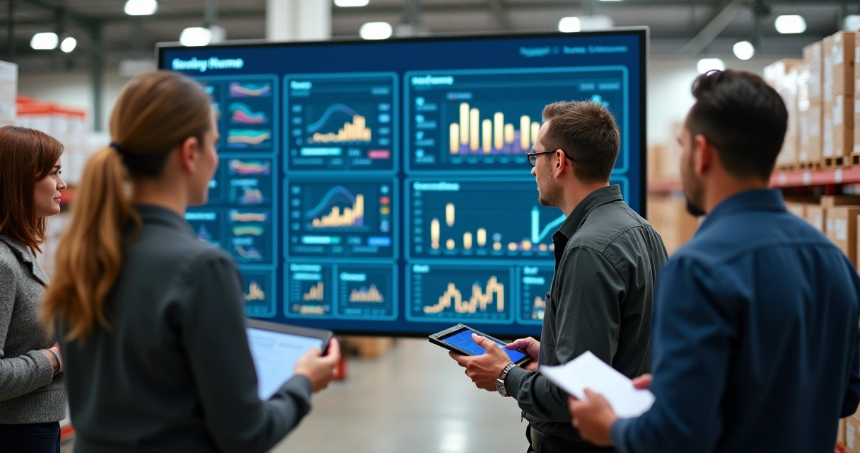 Gerente e equipe analisando dados de estoque sincronizado em tela. 