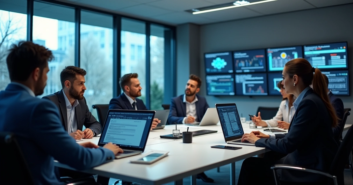 Equipe de TI analisando computadores em uma sala corporativa 