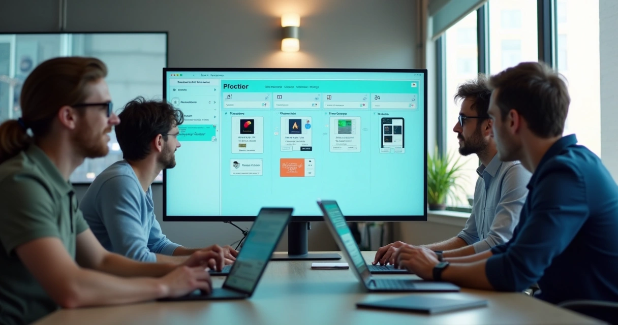 Equipe revisando versões de app em telas e quadro de tarefas 