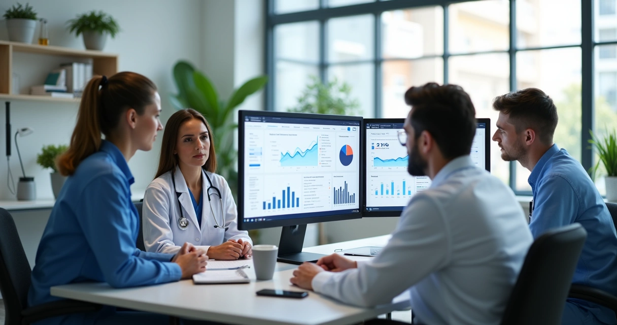 Equipe de marketing e veterinários reunidos em escritório moderno, analisando estratégias digitais no computador 