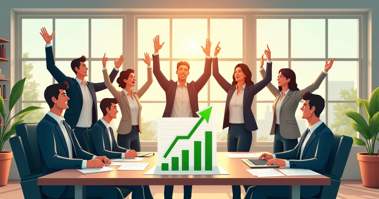 Equipe vibrando com crescimento financeiro em escritório moderno 