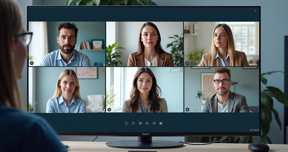 Tela de videoconferência com equipe em conversa calma 