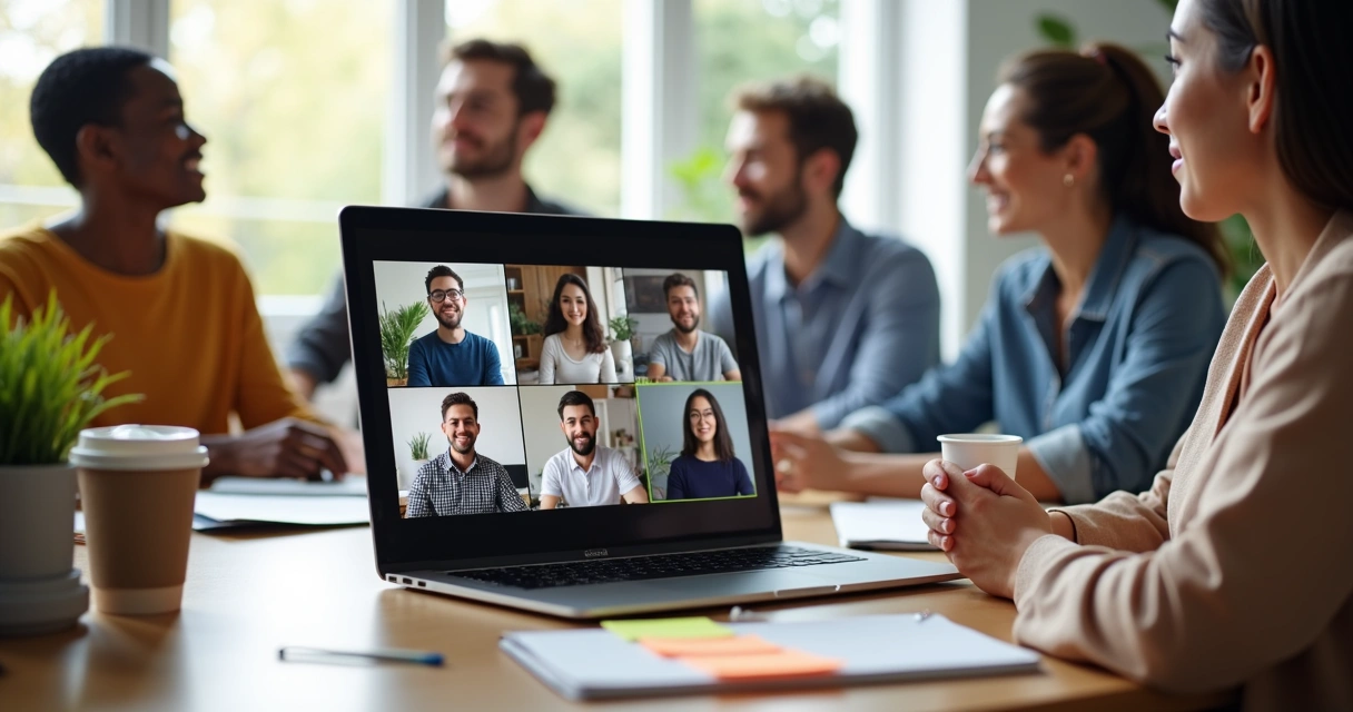 Equipe reunida em videoconferência, vários rostos em telas de notebook. 