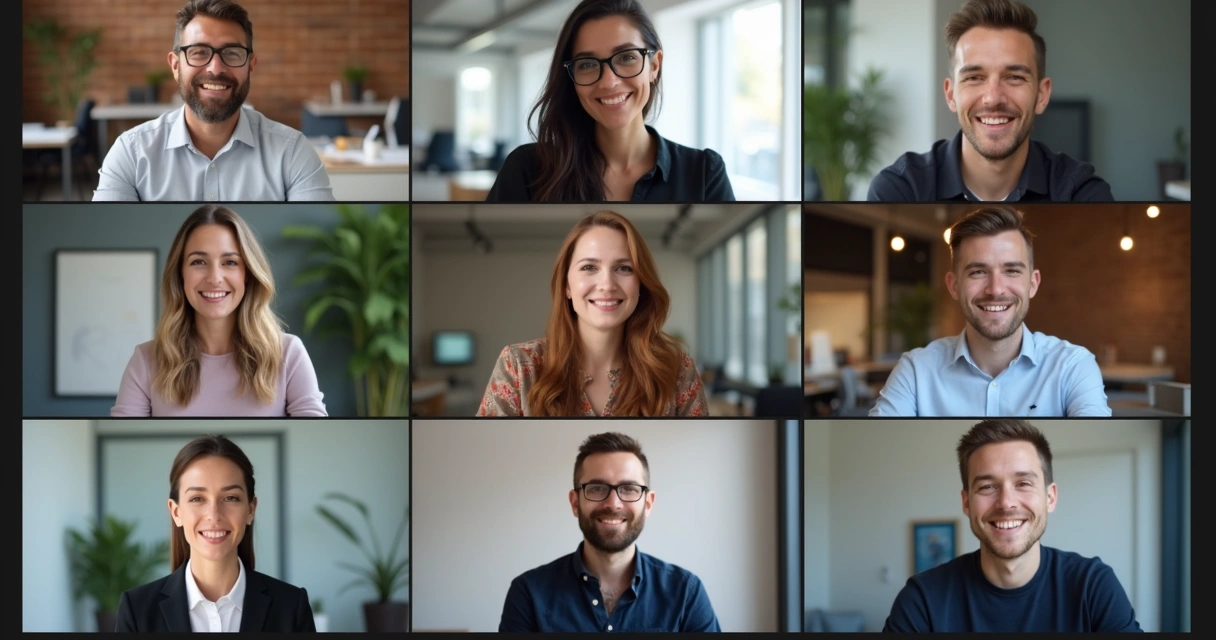 Equipe reunida em videoconferência sorrindo e conversando