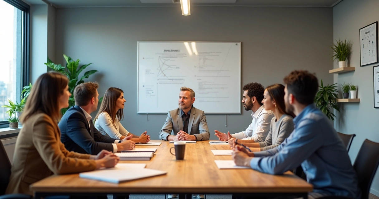 Equipe diversa em reunião mostrando diferentes vínculos emocionais entre colegas 