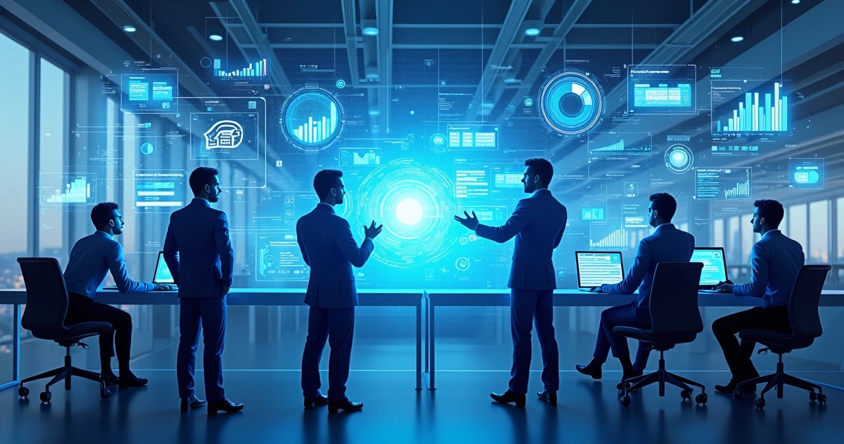 Equipe virtual de IA negociando com clientes em uma tela digital 