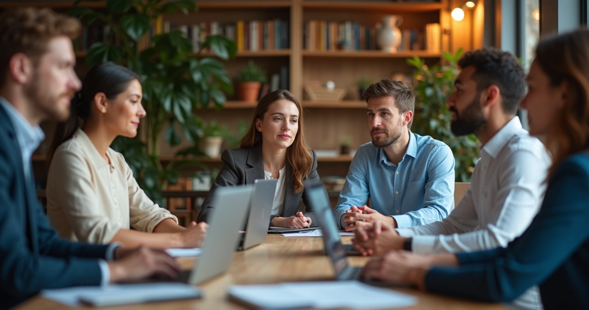 Reunião virtual de equipe com pessoas concentradas frente aos computadores