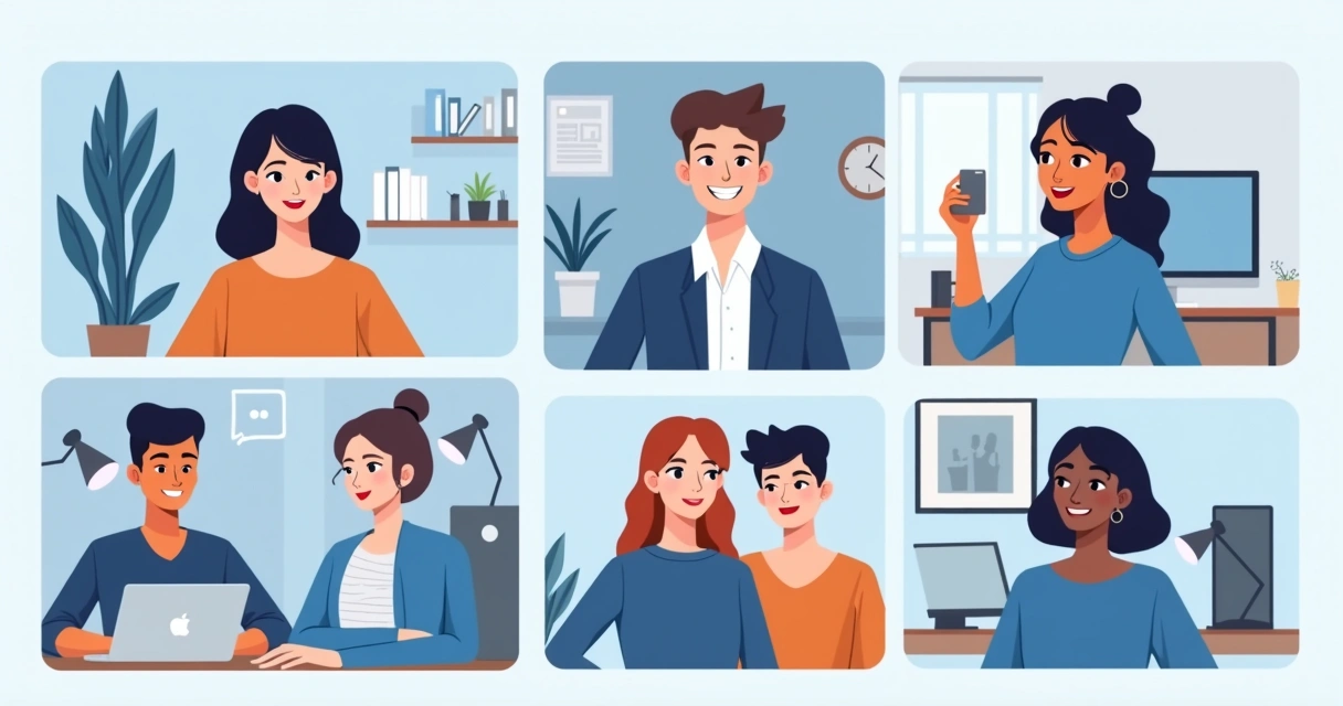 Equipe de trabalho remoto em reunião virtual, com rostos atentos nas telas 