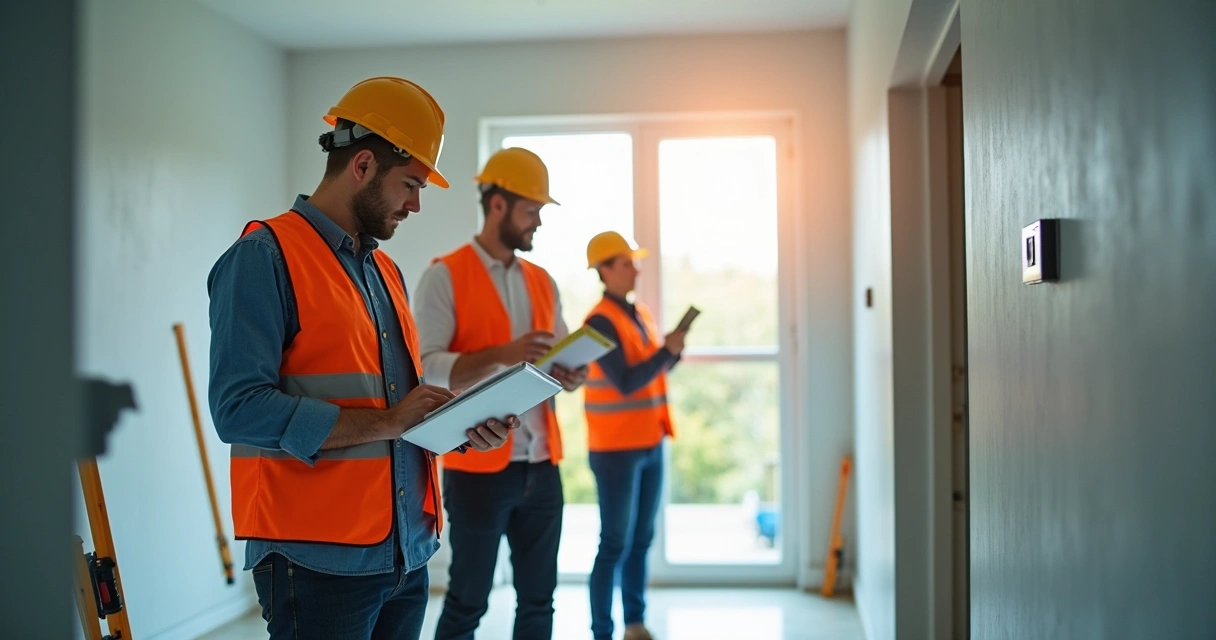 Engenheiro e equipe realizando inspeção técnica em imóvel residencial 