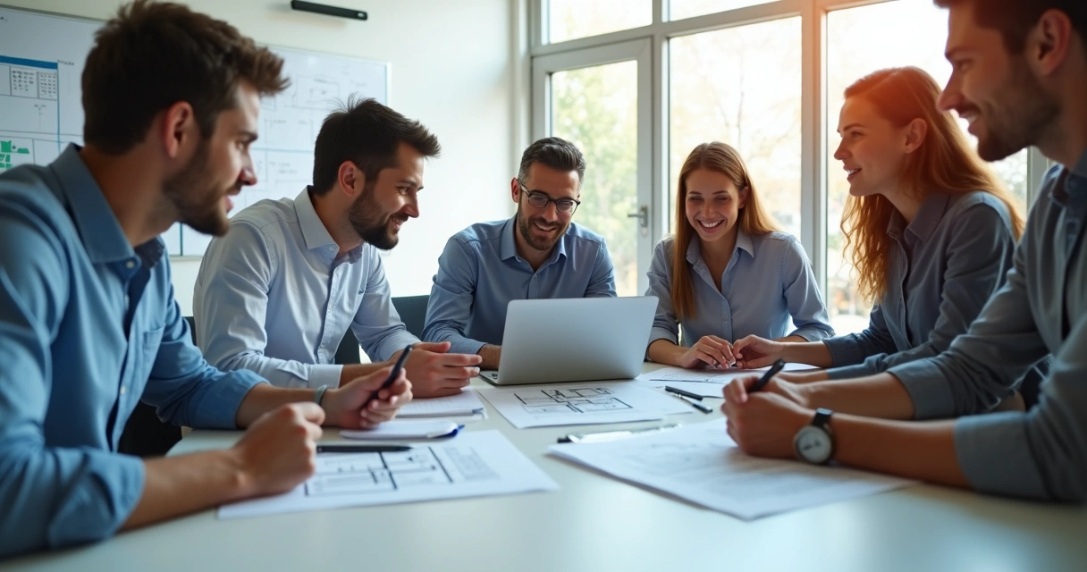 Profissionais de vistoria reunidos discutindo checklist na mesa de reunião