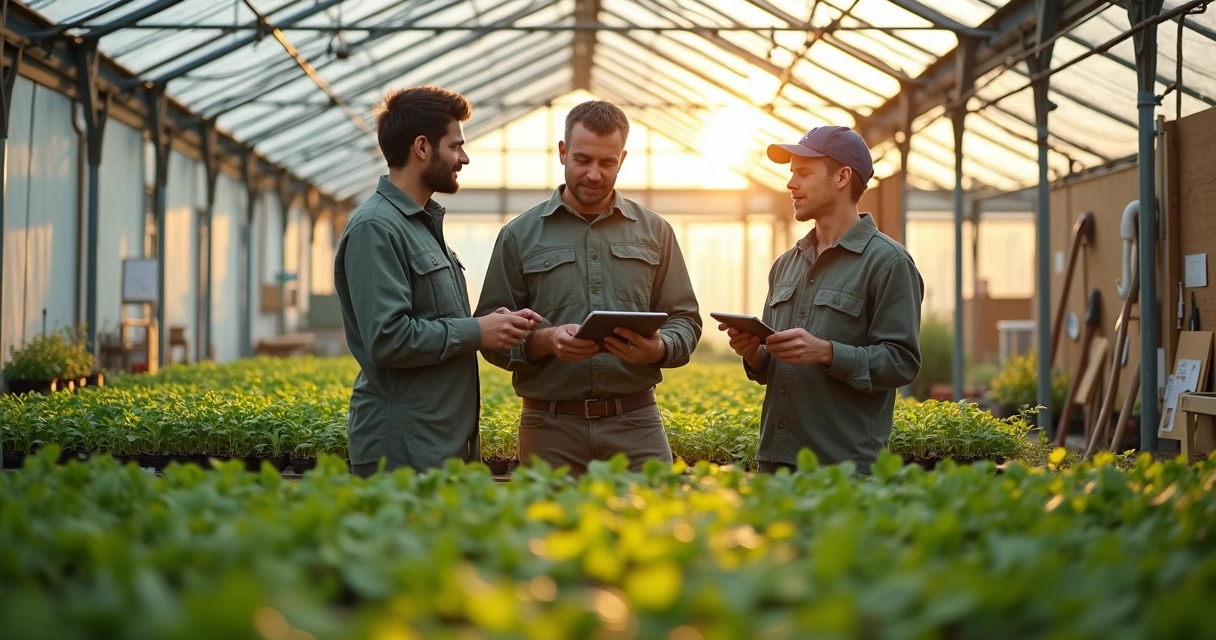 Equipe em viveiro de mudas alinhando tarefas