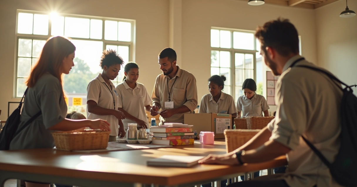 Equipe em ação de voluntariado com doações organizadas 