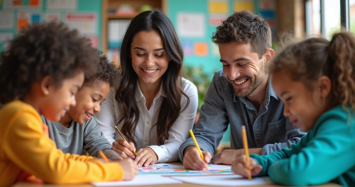 Equipe de funcionários de empresa participando de ação de voluntariado com crianças