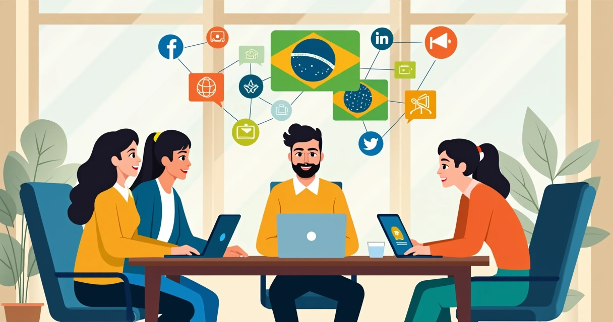 Grupo de pessoas sentadas ao redor de mesa com laptops e celulares, conversando