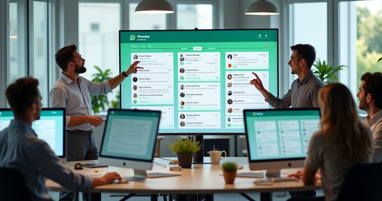 Equipe comercial gerenciando conversas do WhatsApp em painel Kanban com múltiplos atendentes 