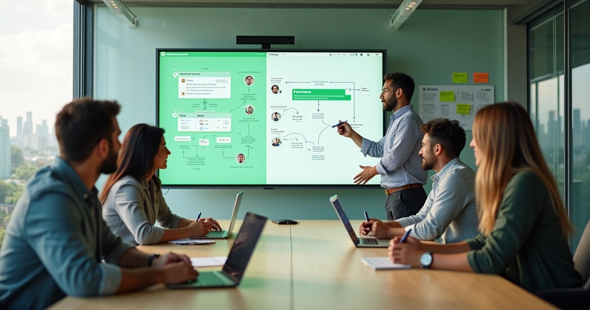 Equipe reunida em frente a painel com fluxos de WhatsApp discutindo mudanças colaborativas 