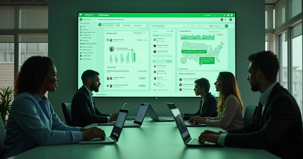 Equipe comercial analisando mensagens no WhatsApp em uma tela grande 