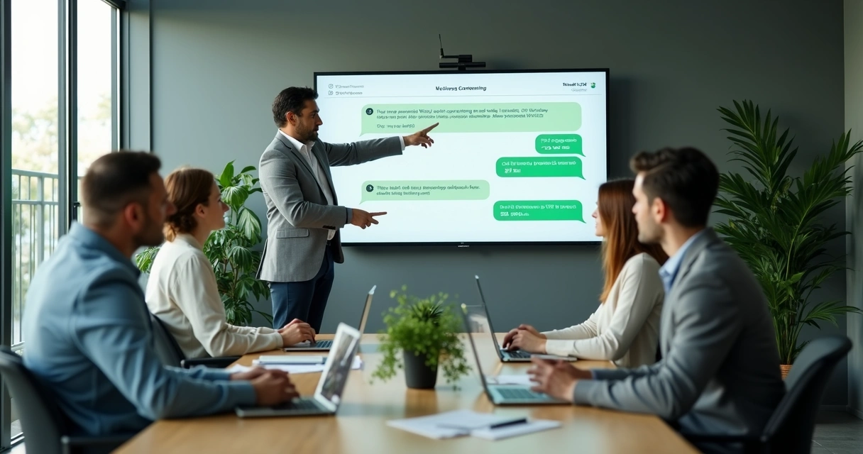 Equipe comercial analisando conversas no WhatsApp em tela compartilhada 