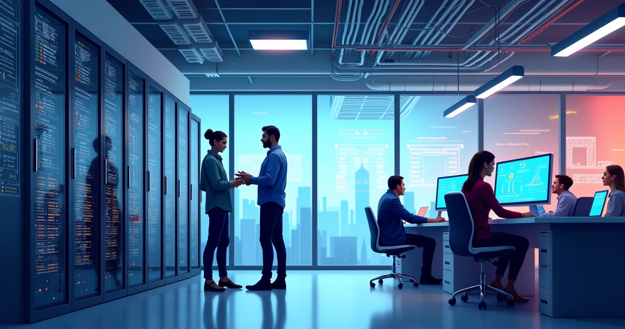 Equipe de TI ajustando cabos e dispositivos Wi-Fi em empresa moderna 