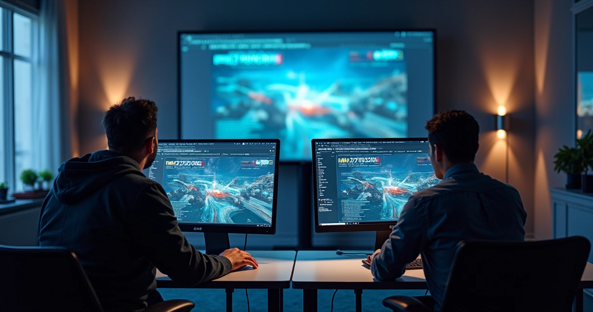 Equipe de profissionais assistindo aula online corporativa em computadores na sala de reunião moderna 