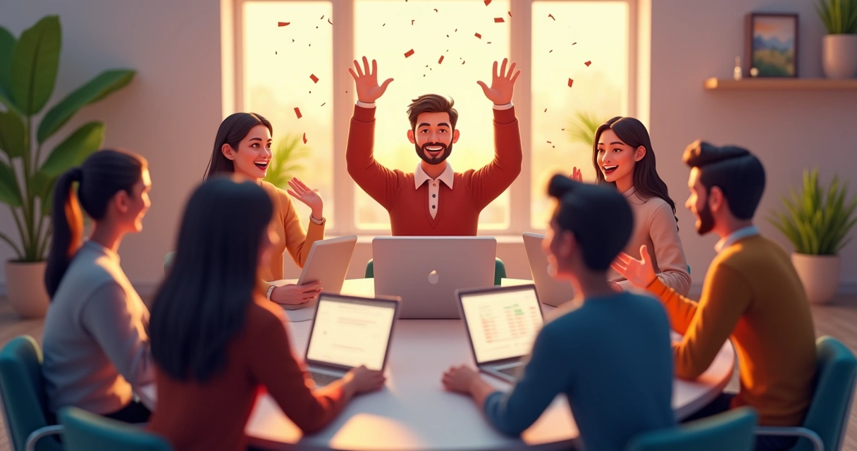 Equipe celebrando onboarding virtual em videochamada 