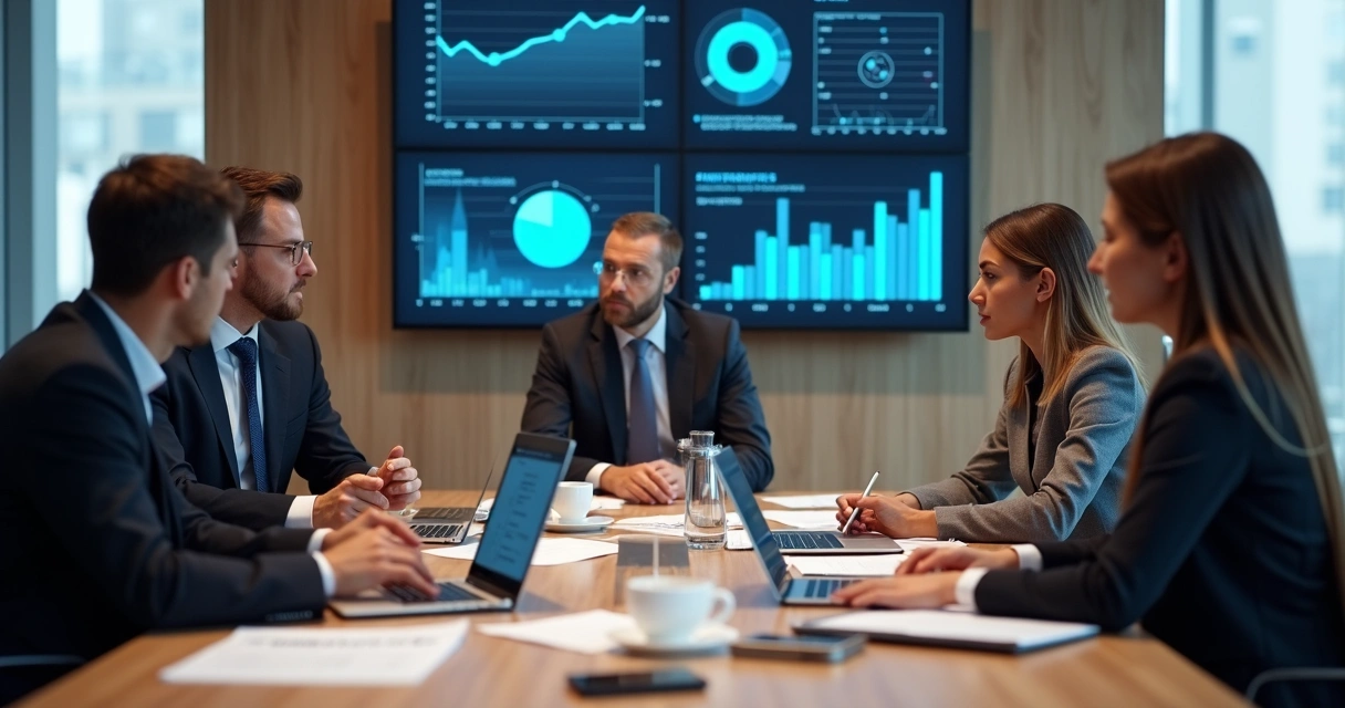 Equipe de advogados e profissionais de marketing reunidos analisando gráficos de desempenho digital. 