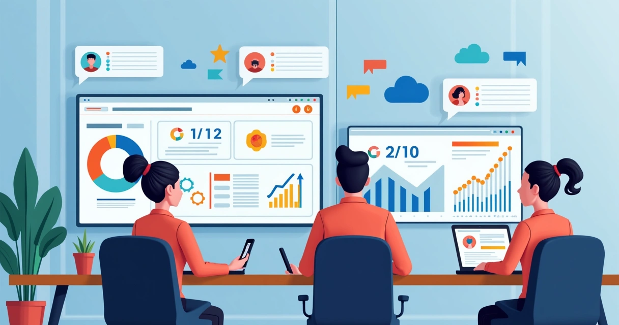 Equipe de assistência realizando atendimento digital em computadores.