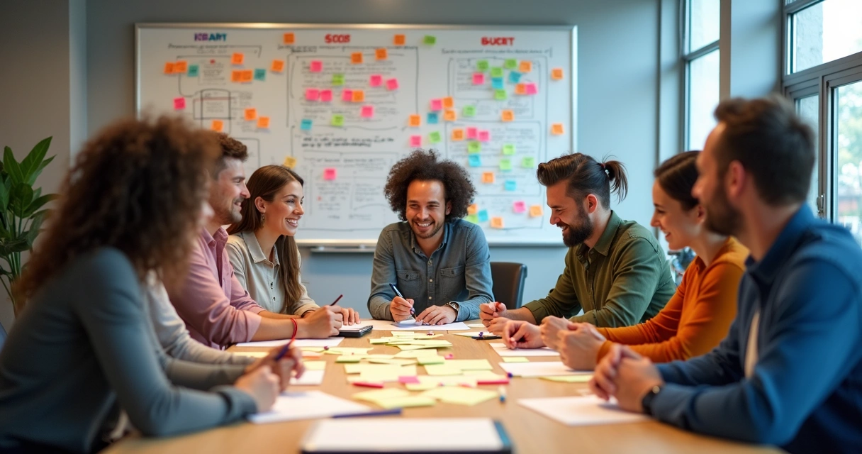 Equipe reunida em sessão de brainstorm criativo