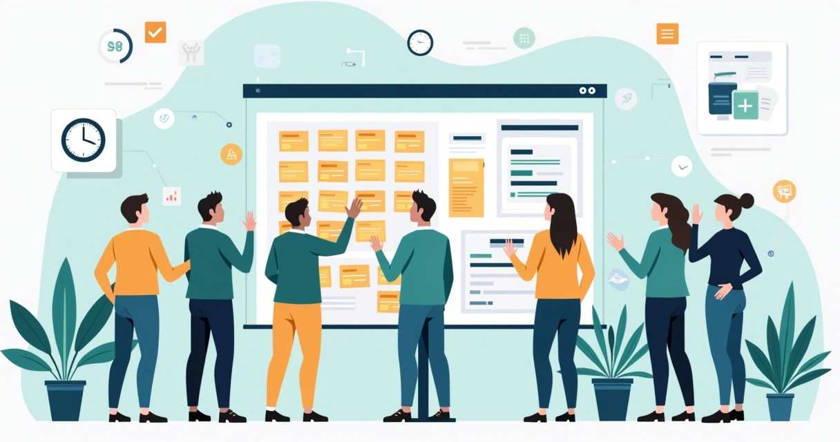 Ilustração corporativa plana de uma equipe colaborando em um quadro Scrum com post-its, sprints e reuniões diárias 