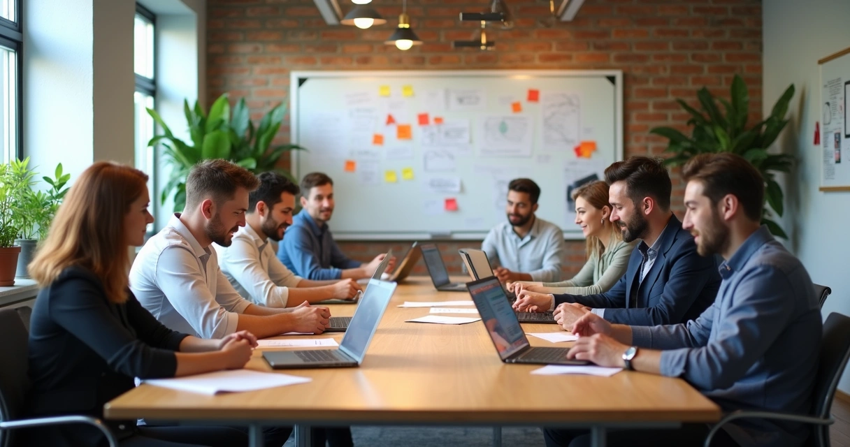 Equipes de vendas, suporte, onboarding e operações reunidas colaborando 