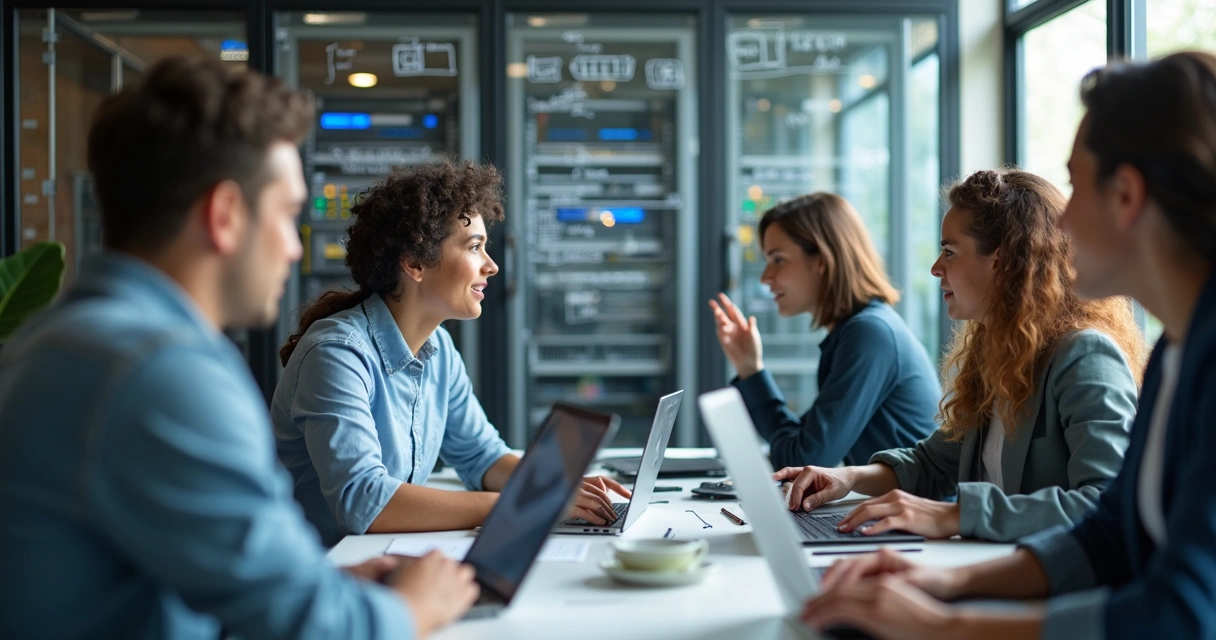 Equipe reunida em torno de um servidor colaborando com computadores e anotações 