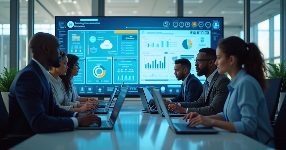 Equipe corporativa diversificada em ambiente moderno utilizando laptops e dispositivos para treinamento eLearning 