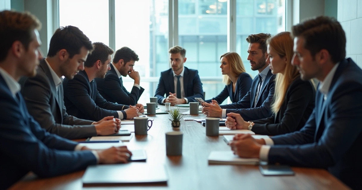 Equipe reunida com expressões sérias em uma sala de reunião 