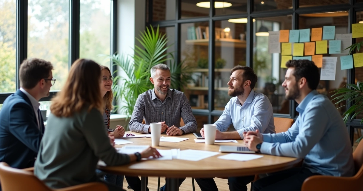 Grupo de profissionais de diferentes áreas conversando em mesa redonda 