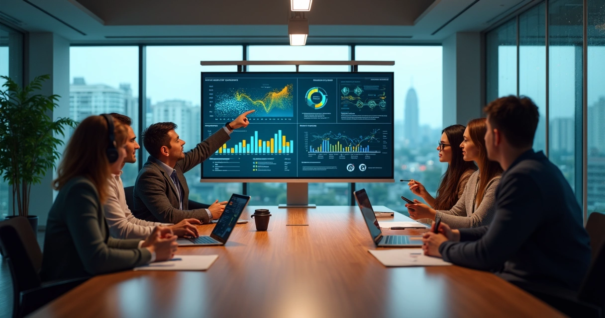 Equipe diversa analisando painel de dados com ícones de IA e foco em experiência do cliente 