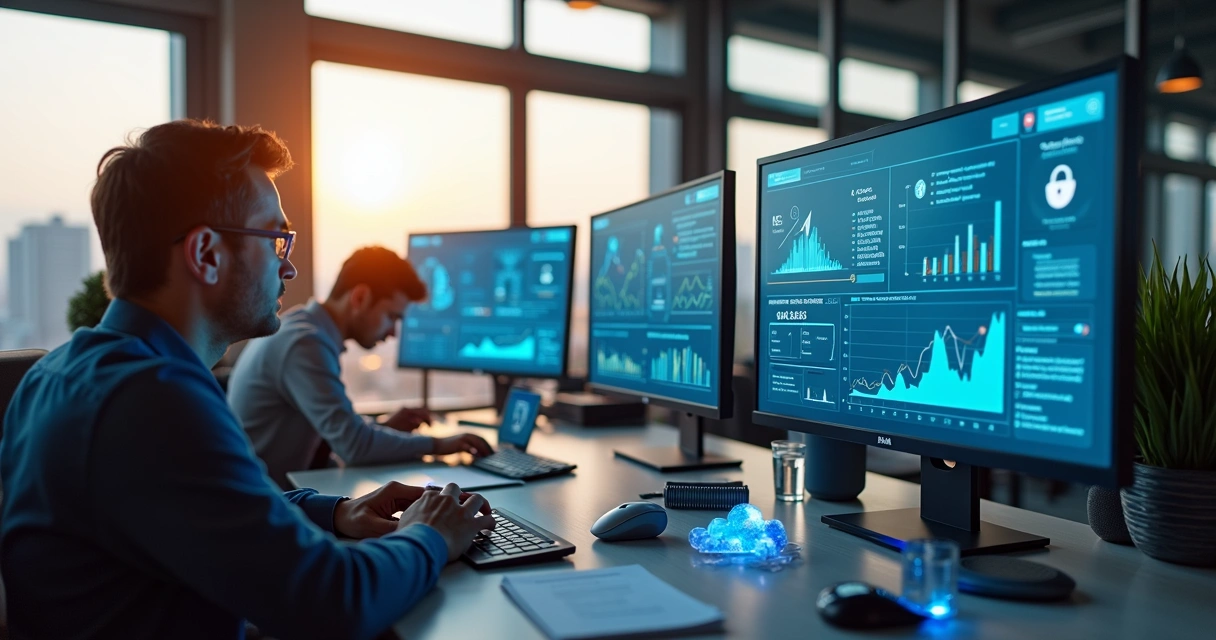 Equipe de profissionais de BPO financeiro trabalhando com múltiplas telas mostrando sistemas financeiros, gestão de tarefas e comunicação integrada 