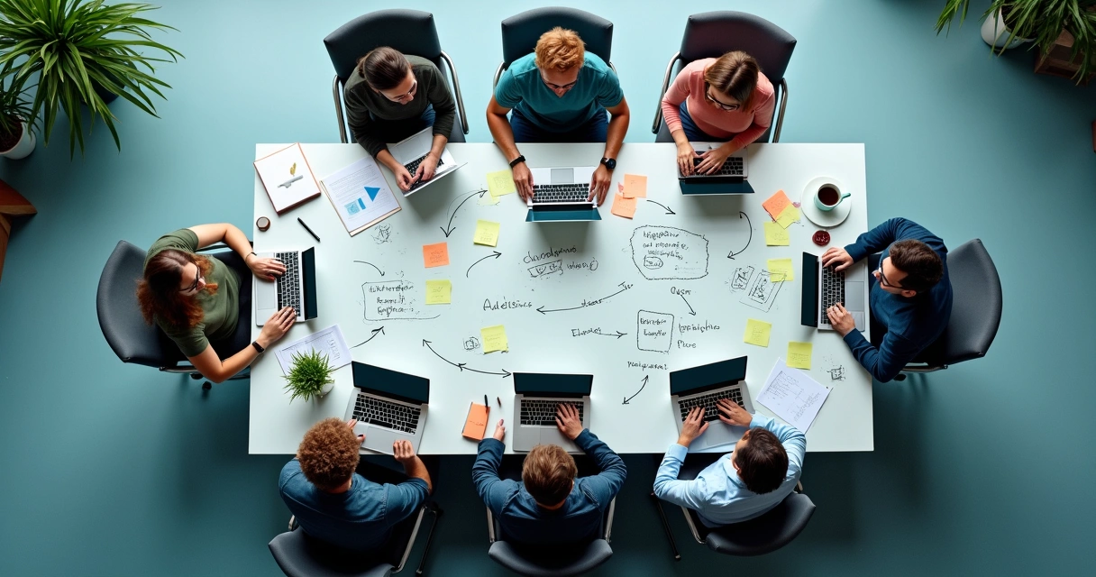 Equipe estratégica reunida em frente a lousa com fluxogramas de campanhas 