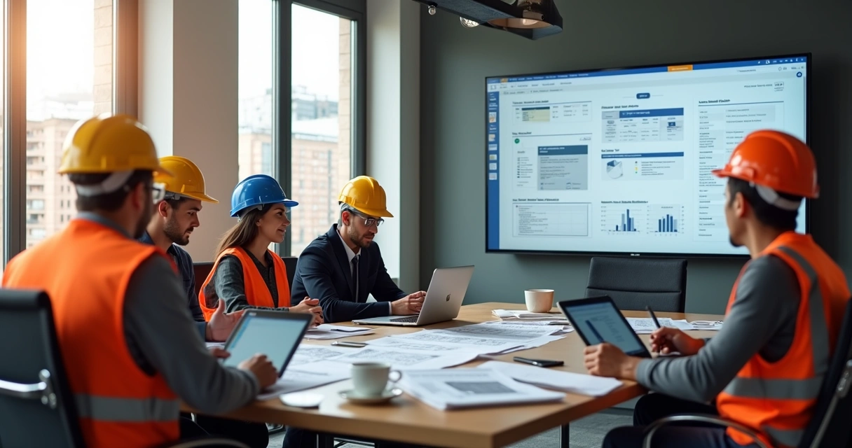 Equipe de construção reunida debatendo projetos em sala com plantas abertas e laptops 