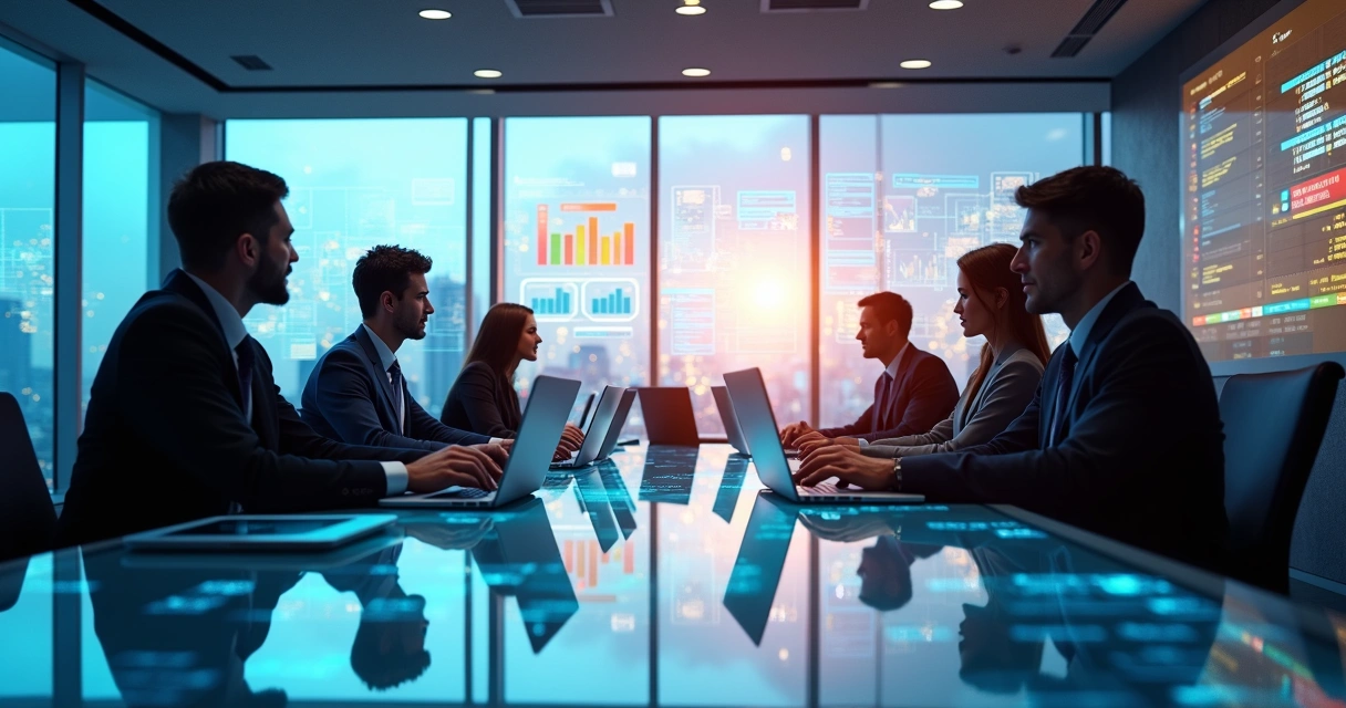 Equipes de TI e negócios trabalhando juntas em escritório moderno com telas digitais e gráficos 